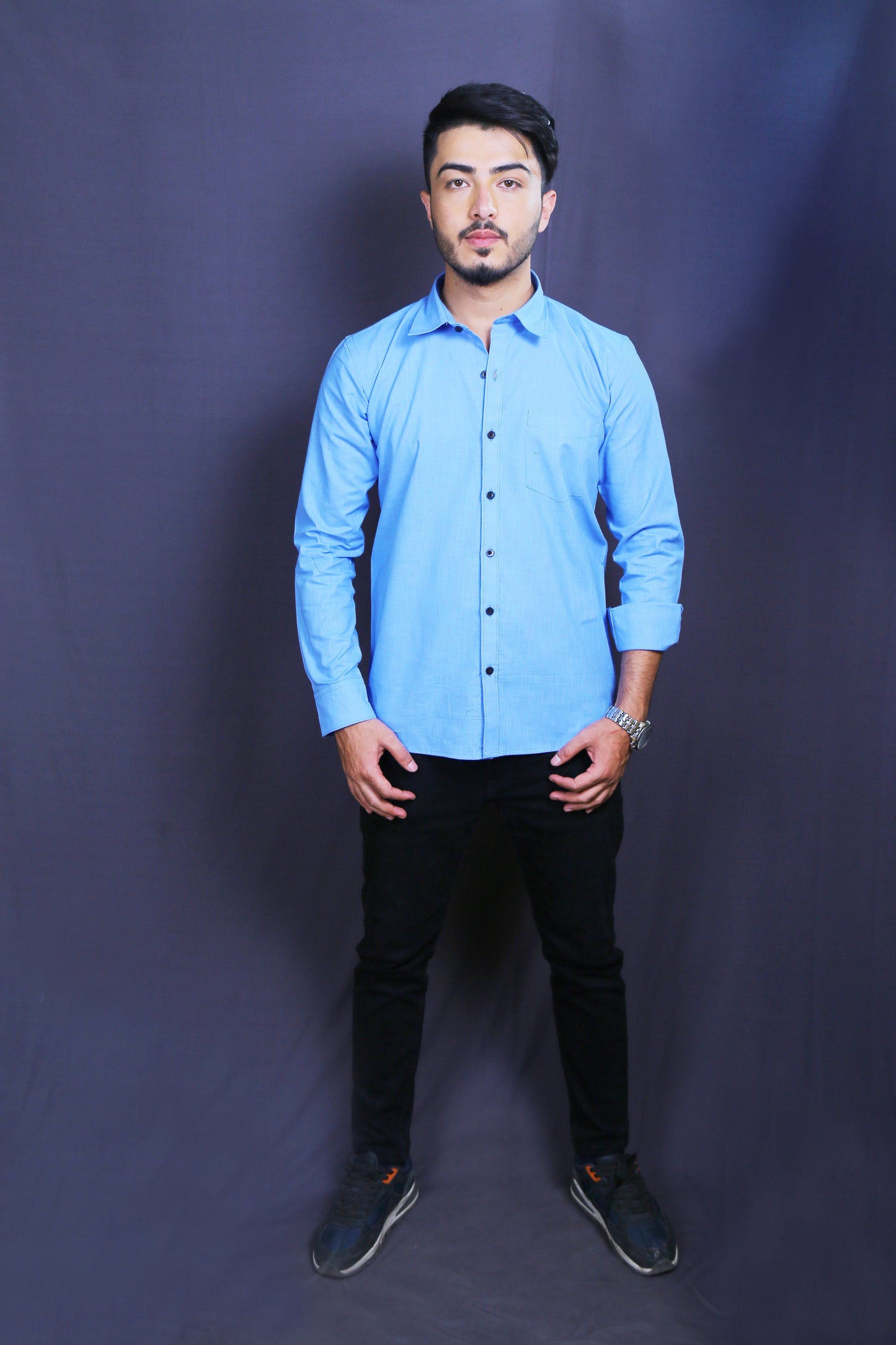 Men Blue Cotton Linen Shirt