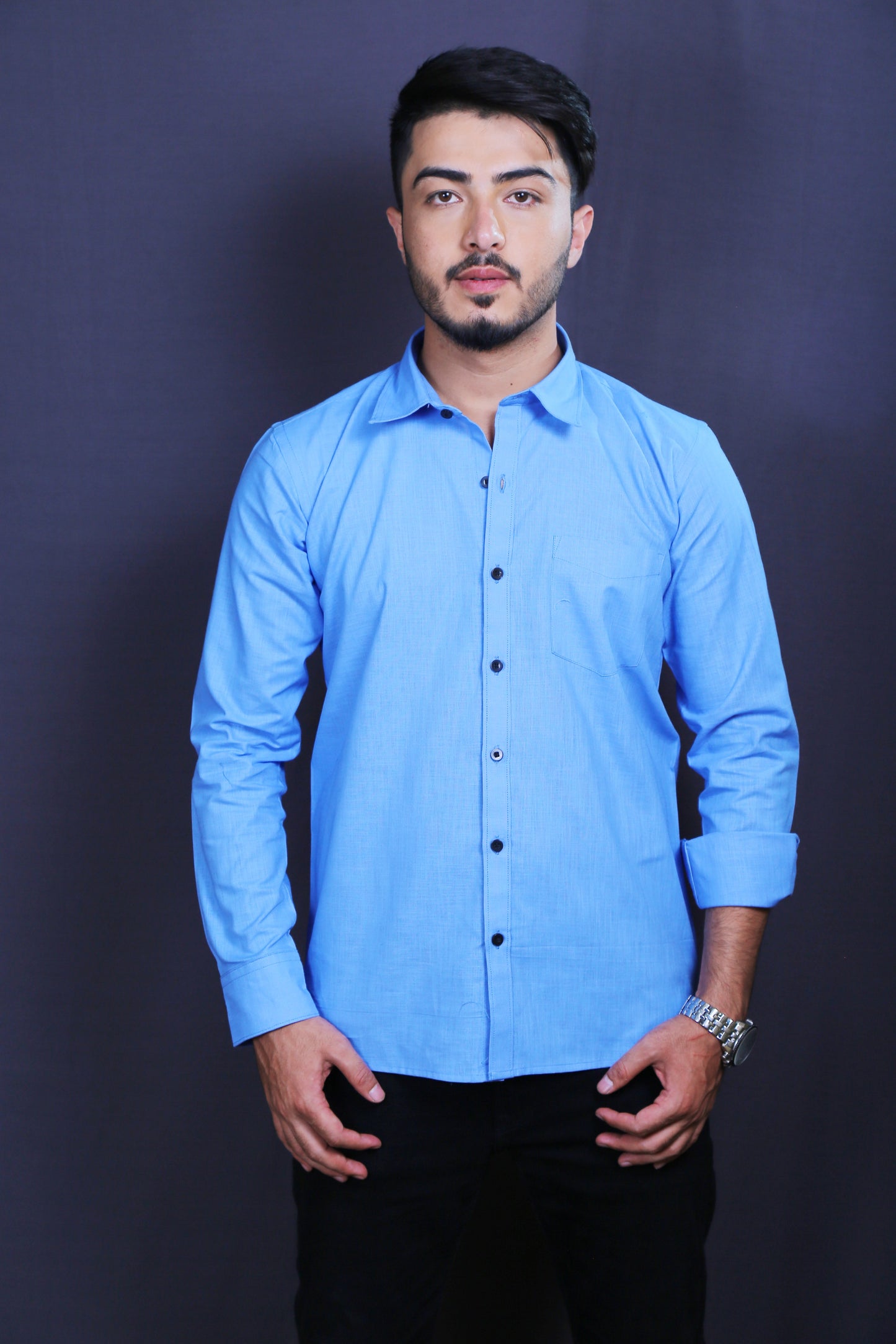 Men Blue Cotton Linen Shirt
