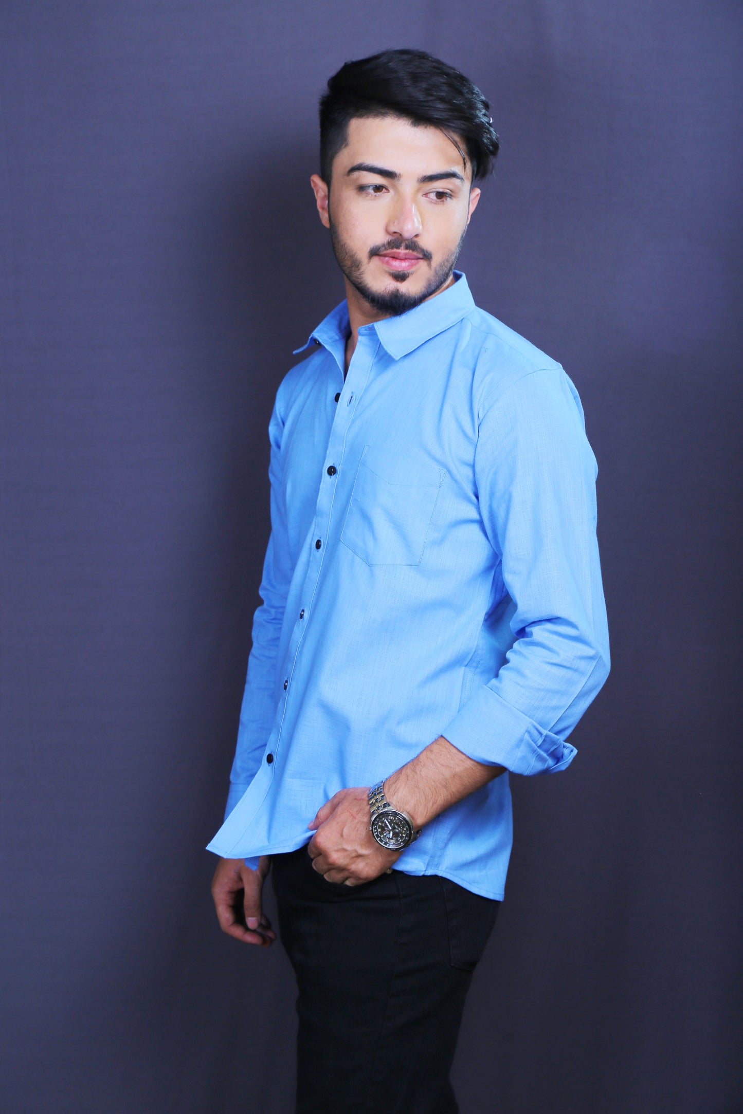 Men Blue Cotton Linen Shirt