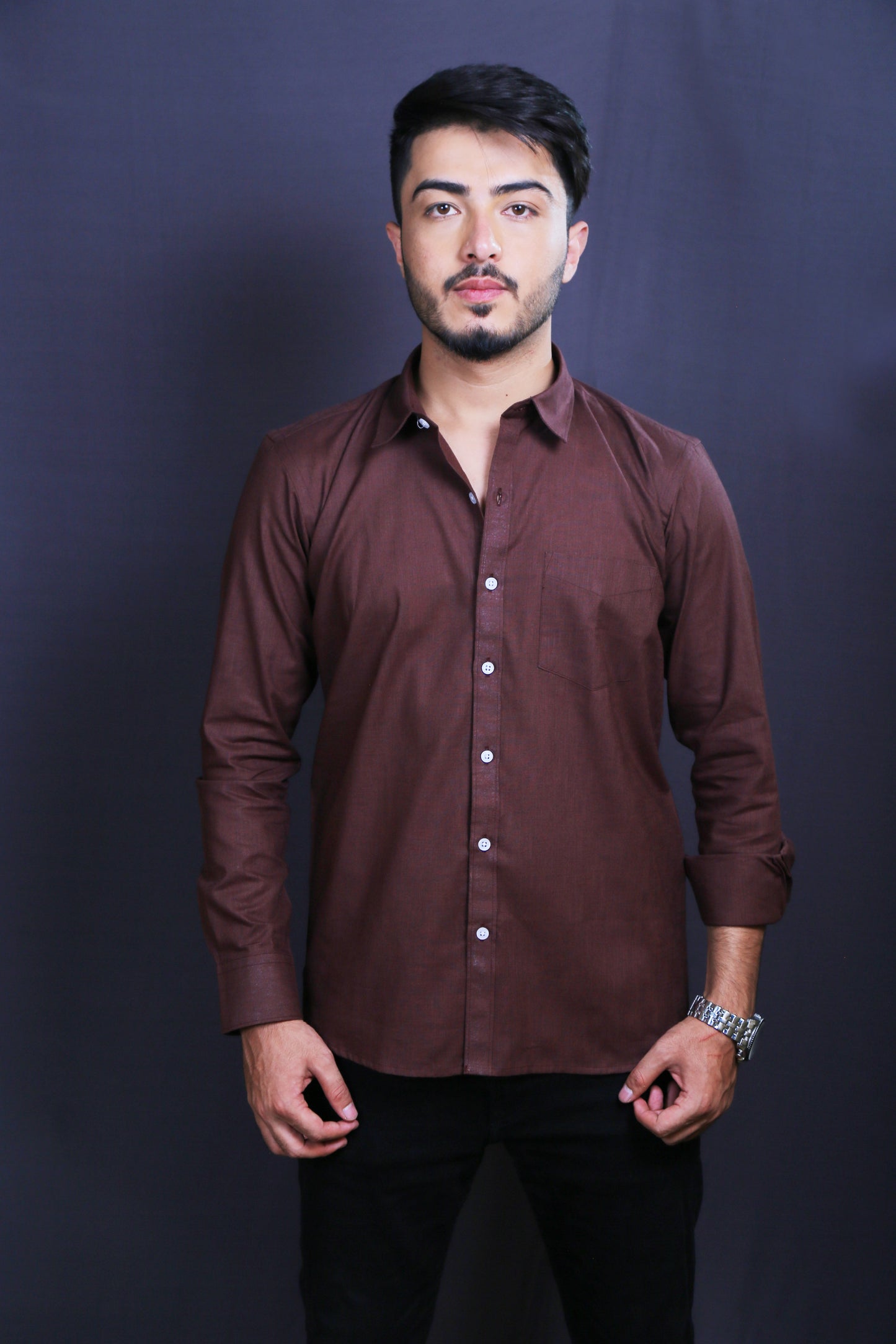 Men Brown Cotton Linen Shirt