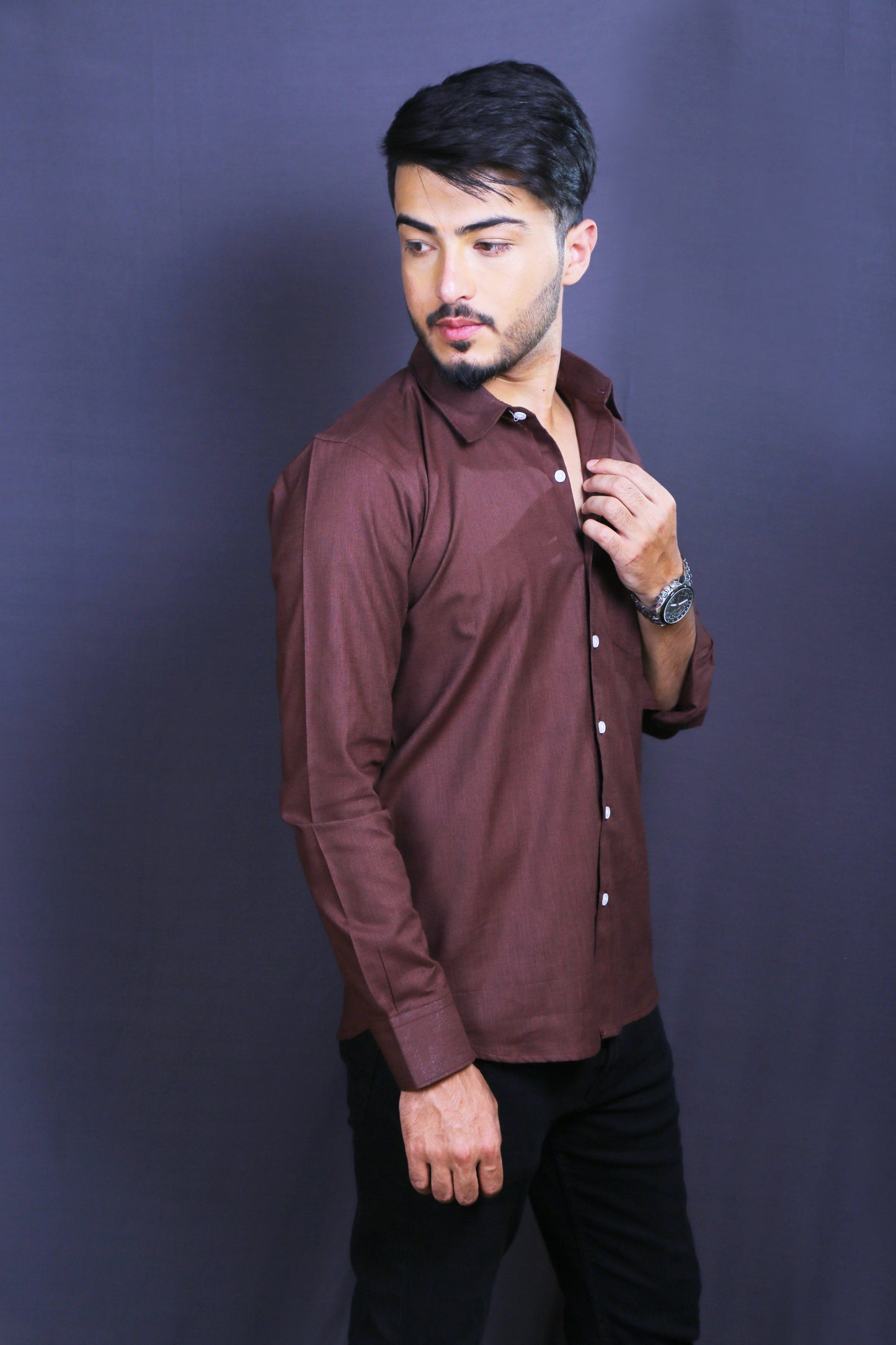 Men Brown Cotton Linen Shirt