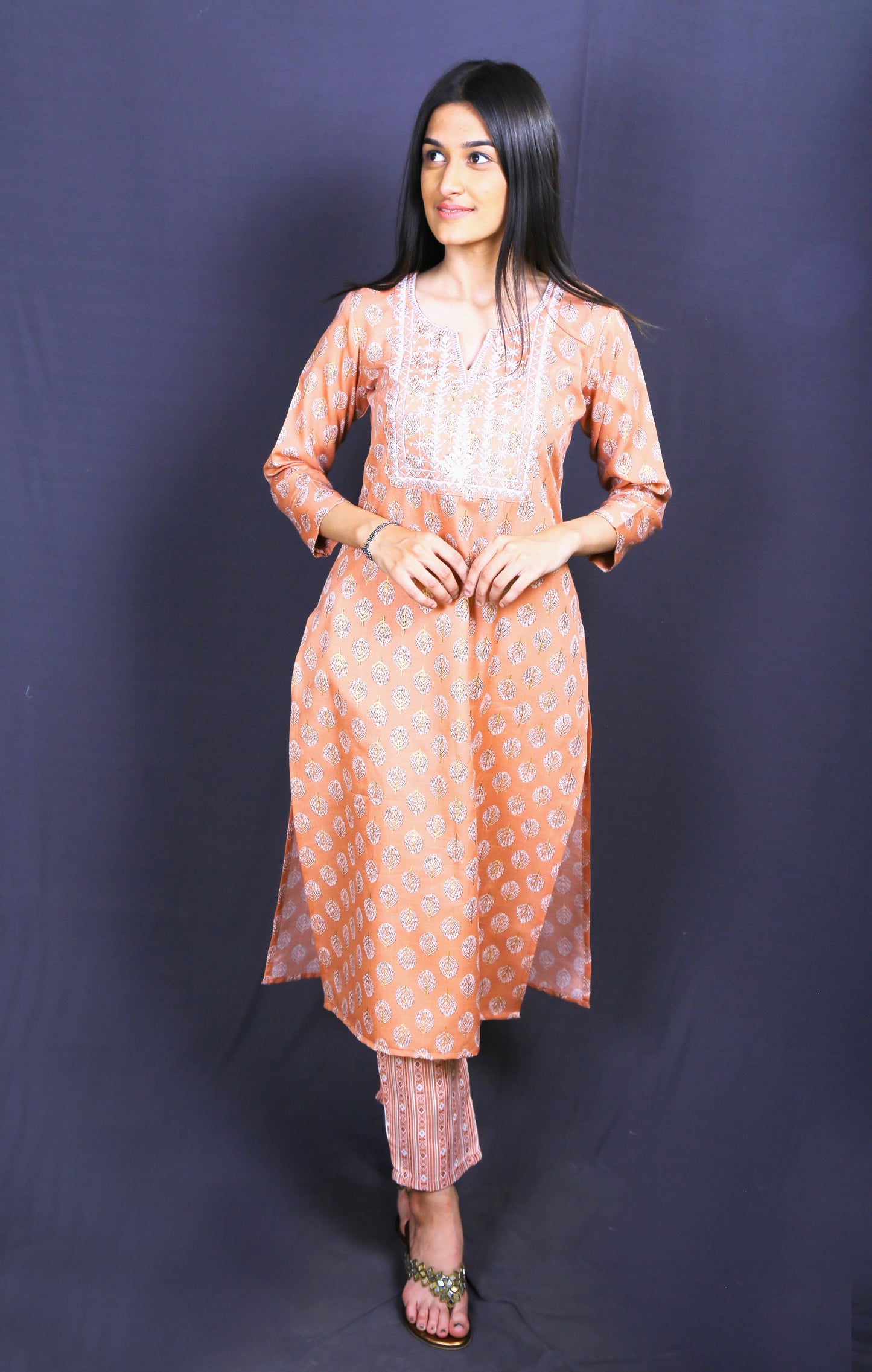 Women Peach Ethnic Print Straight Kurta Set