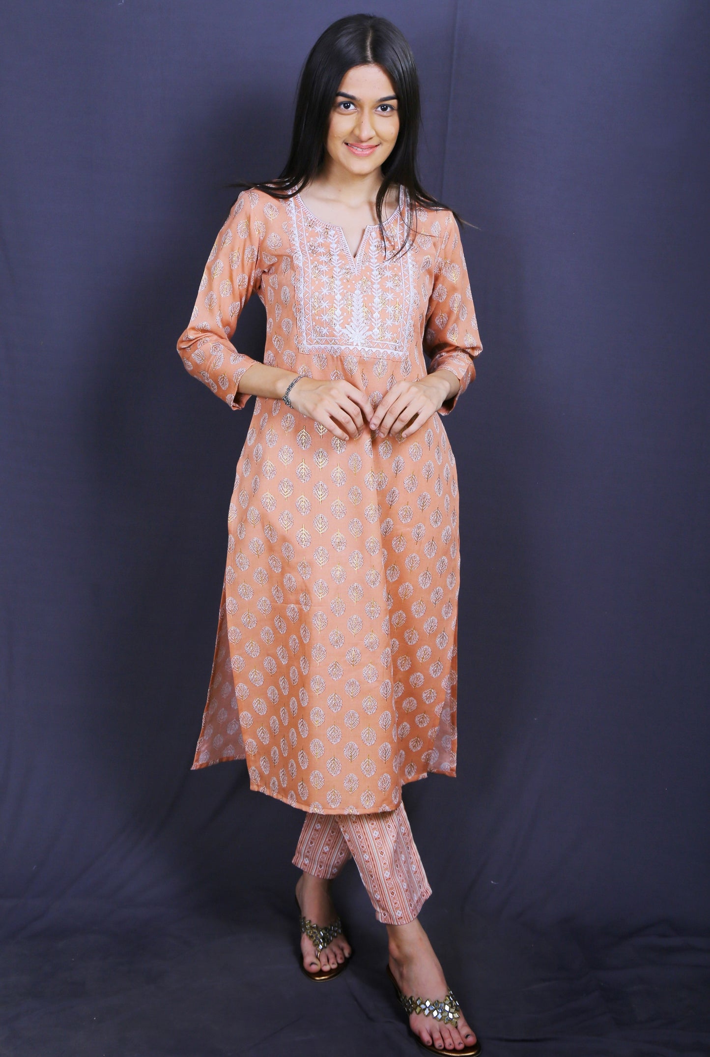 Women Peach Ethnic Print Straight Kurta Set