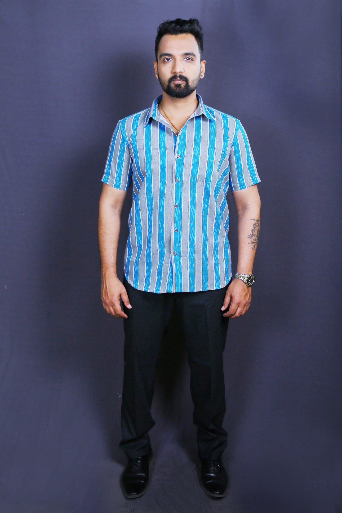 Men Blue Khadi Cotton Half-Shirt