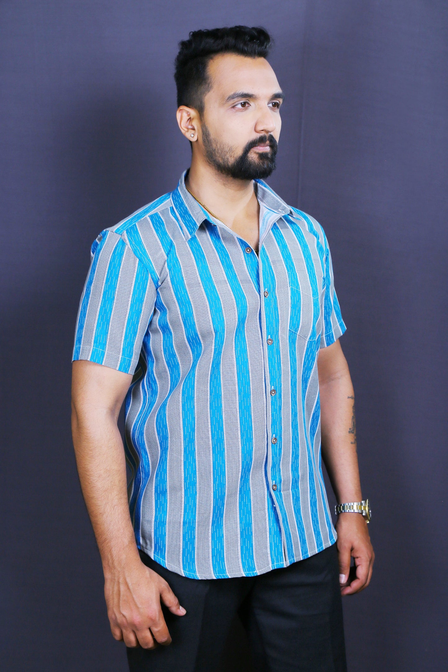 Men Blue Khadi Cotton Half-Shirt