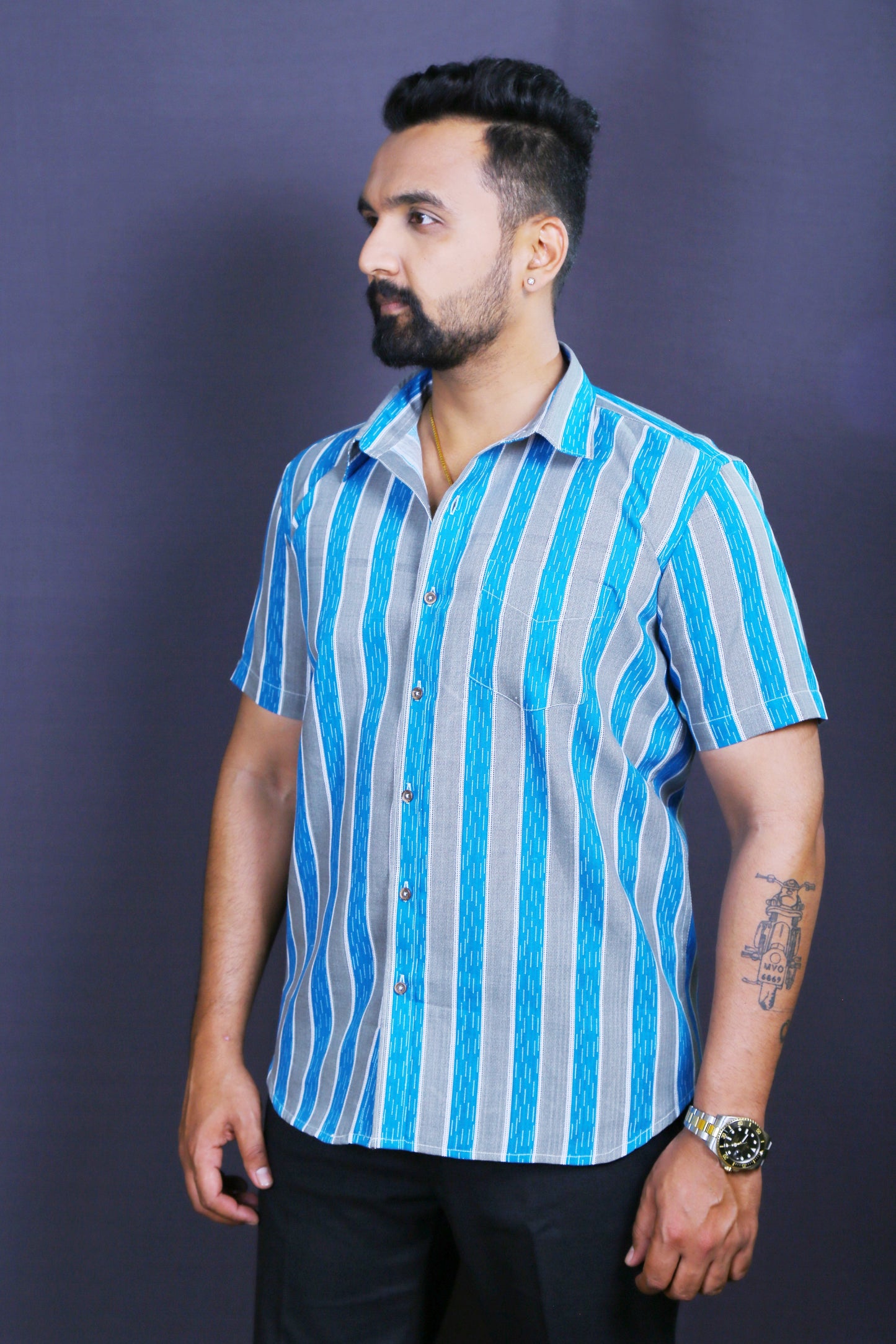 Men Blue Khadi Cotton Half-Shirt