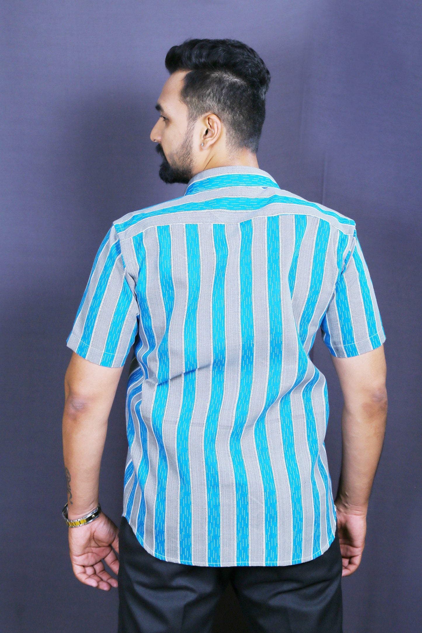 Men Blue Khadi Cotton Half-Shirt