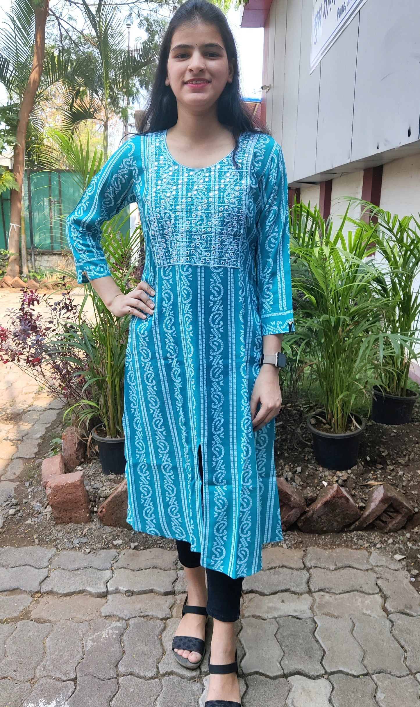 Woman Straight Sky blue with Mirror Embroidered Patch Kurti
