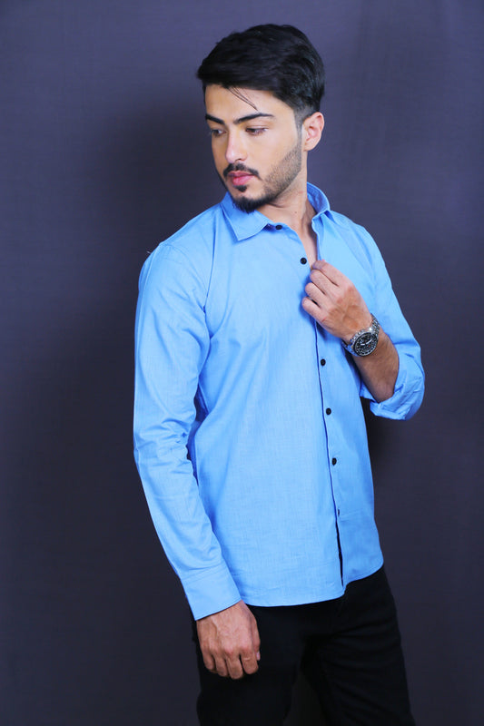 Men Blue Cotton Linen Shirt