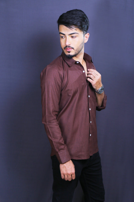 Men Brown Cotton Linen Shirt