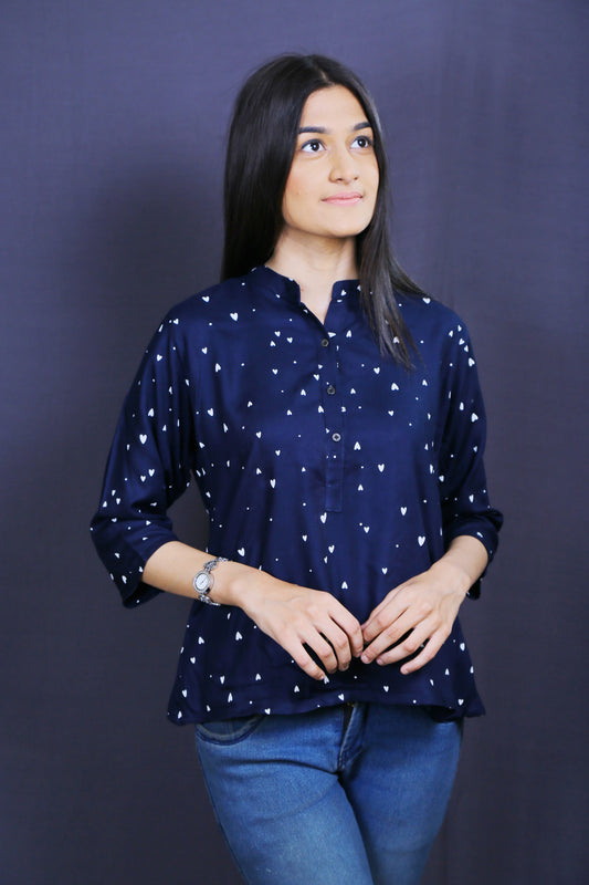 Women Navy with heart Print Mandarin collar 3/4th sleeves