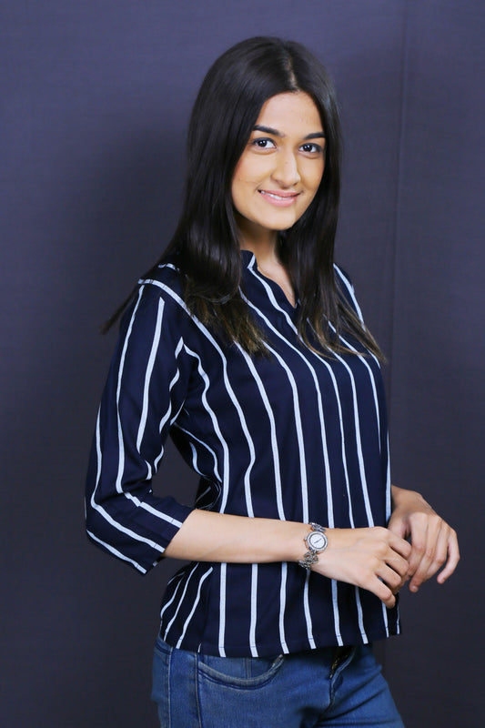 Women Navy blue Rayon Print Mandarin collar neck 3/4th Sleeves Top