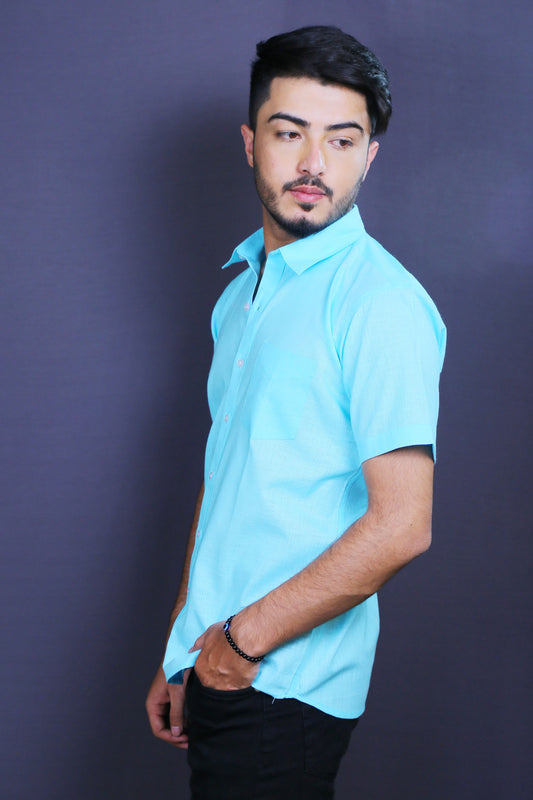 Men Sky Blue Cotton Linen Half-Shirt