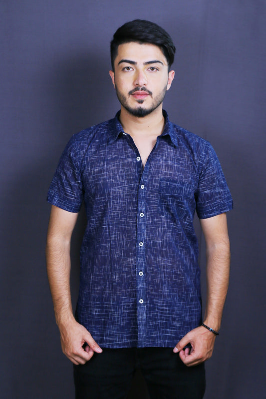 Men Navy Blue Handloom Cotton Half-Shirt