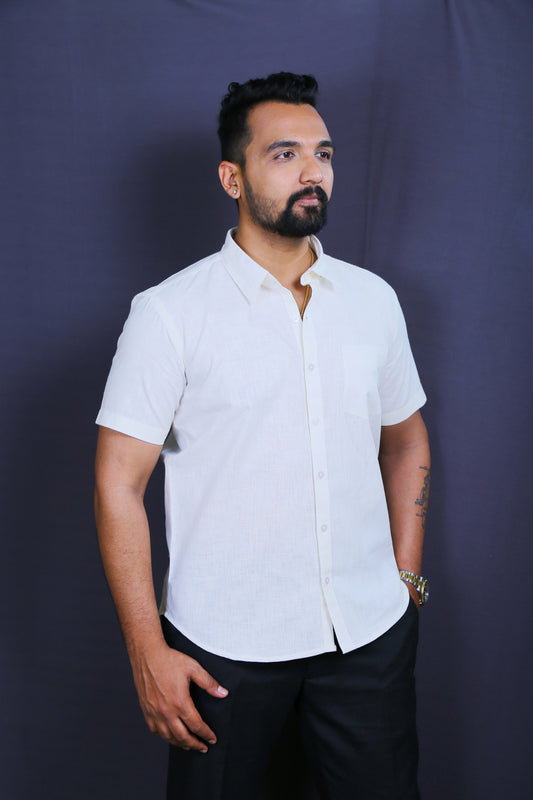 Men Yellow Cotton Linen Half-Shirt