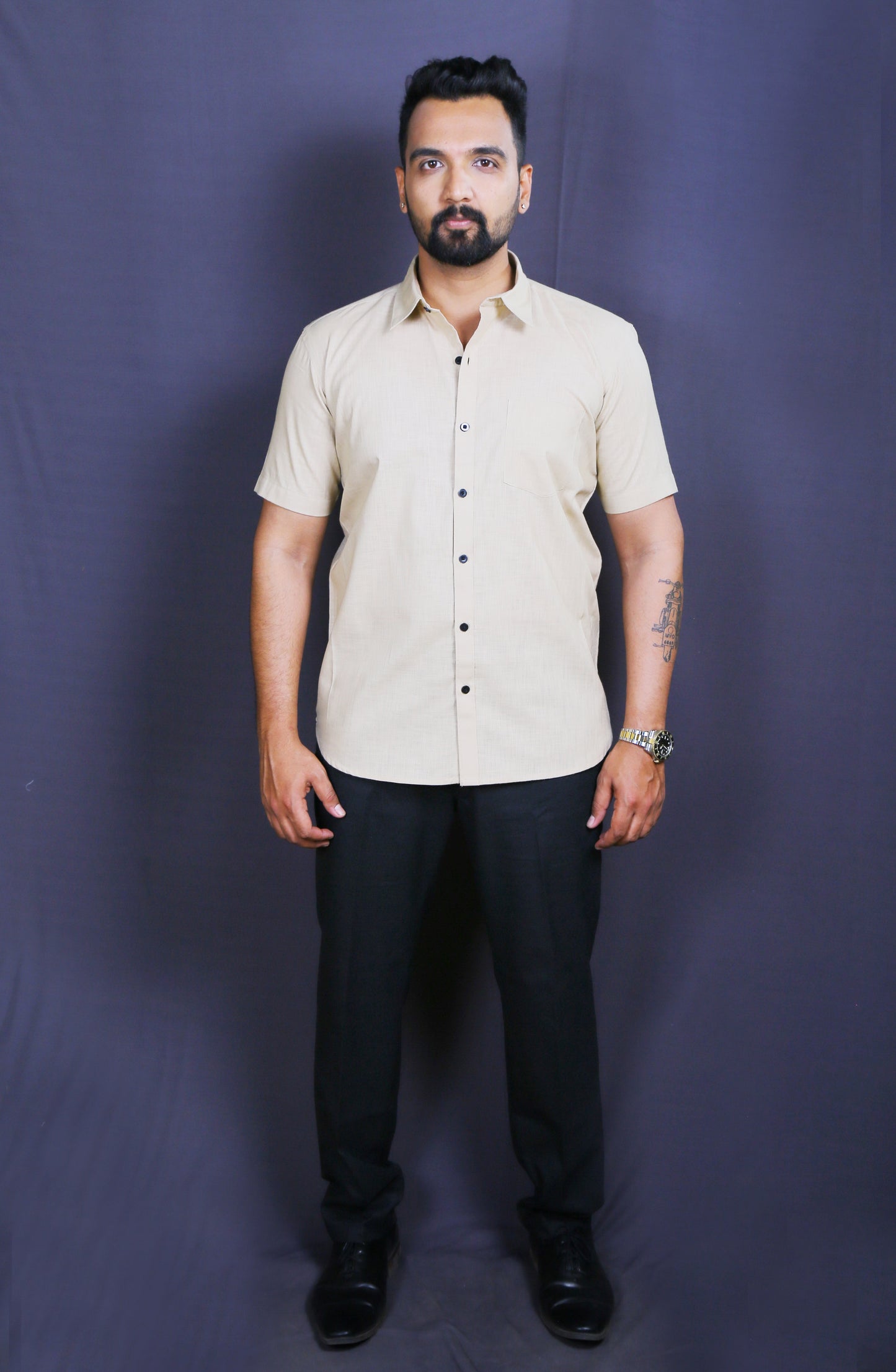 Men Cream Cotton Linen Half-Shirt
