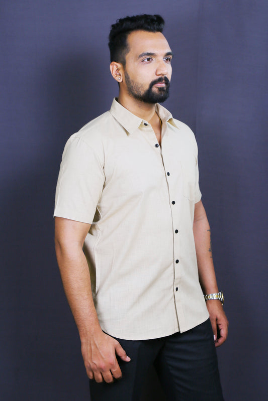 Men Cream Cotton Linen Half-Shirt
