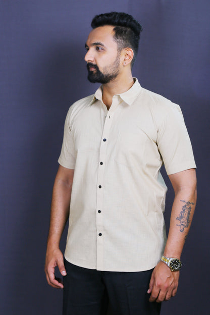 Men Cream Cotton Linen Half-Shirt