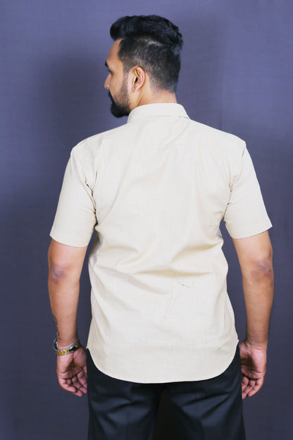 Men Cream Cotton Linen Half-Shirt