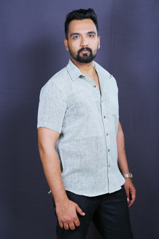 Men Green Khadi Cotton Half-Shirt