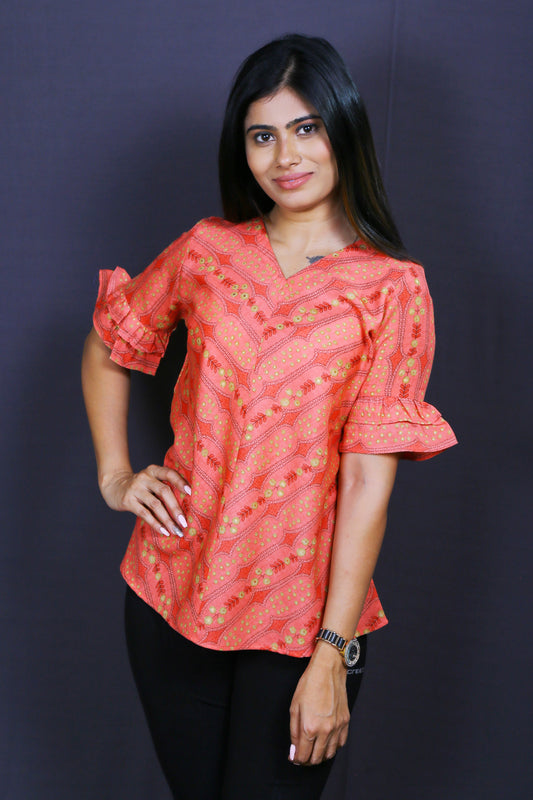 Women Orange Print V neck layered Sleeves Top
