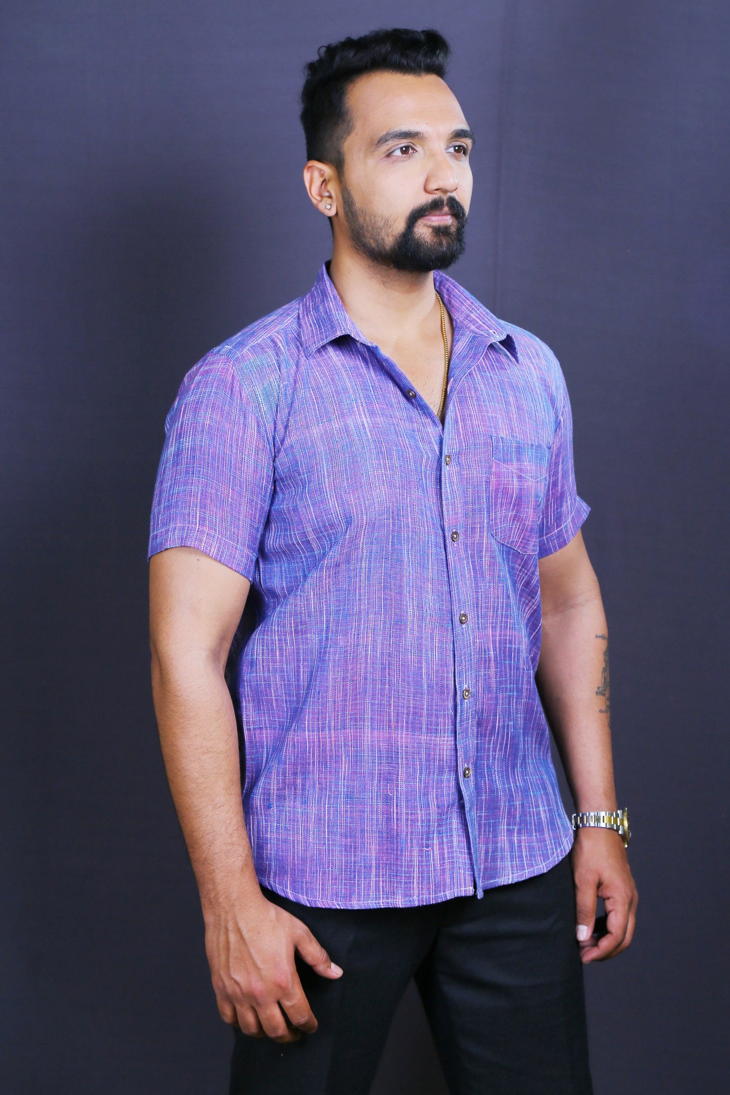 Men Purple Khadi Cotton Half-Shirt