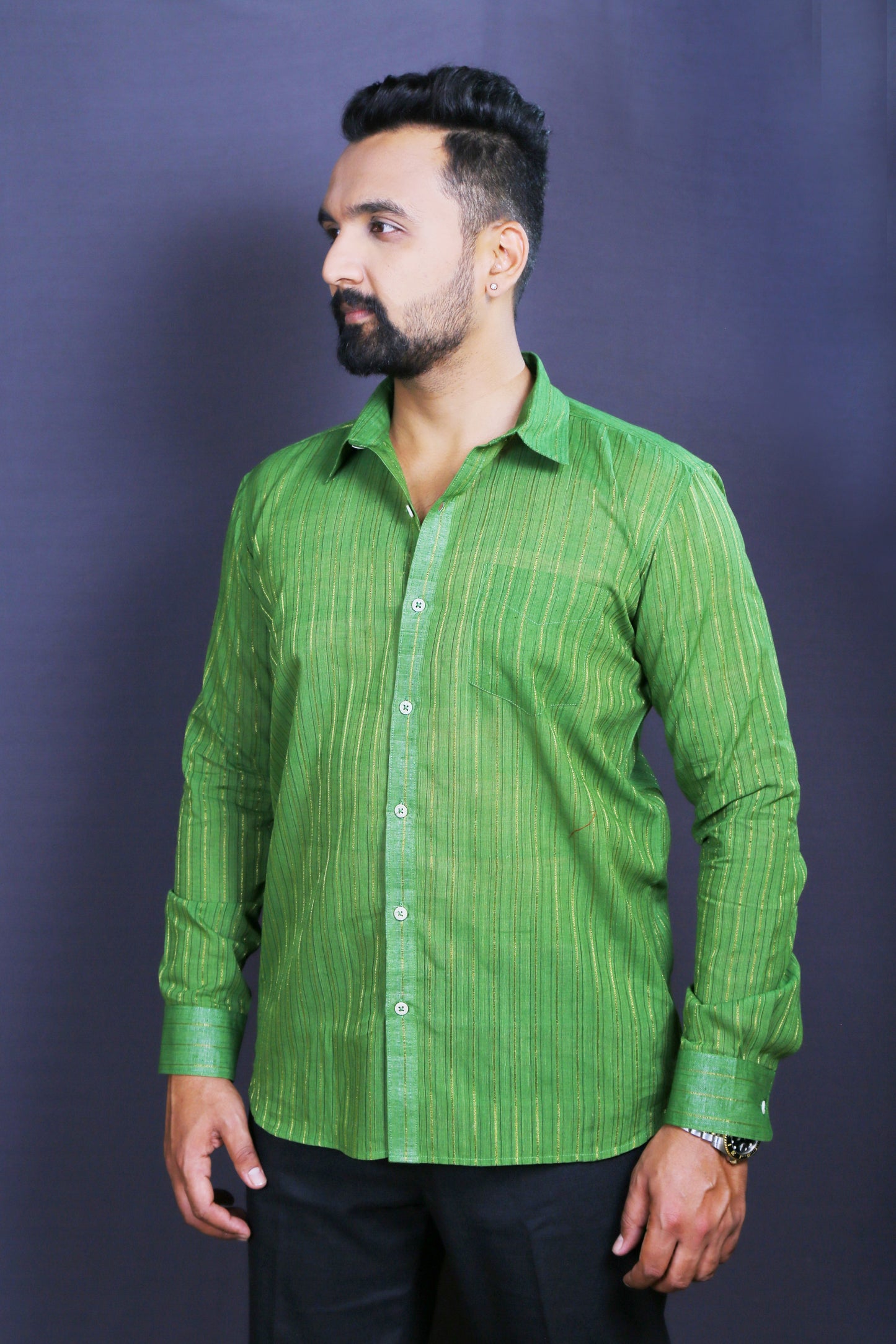 Men Green Handloom Woven Cotton Shirt