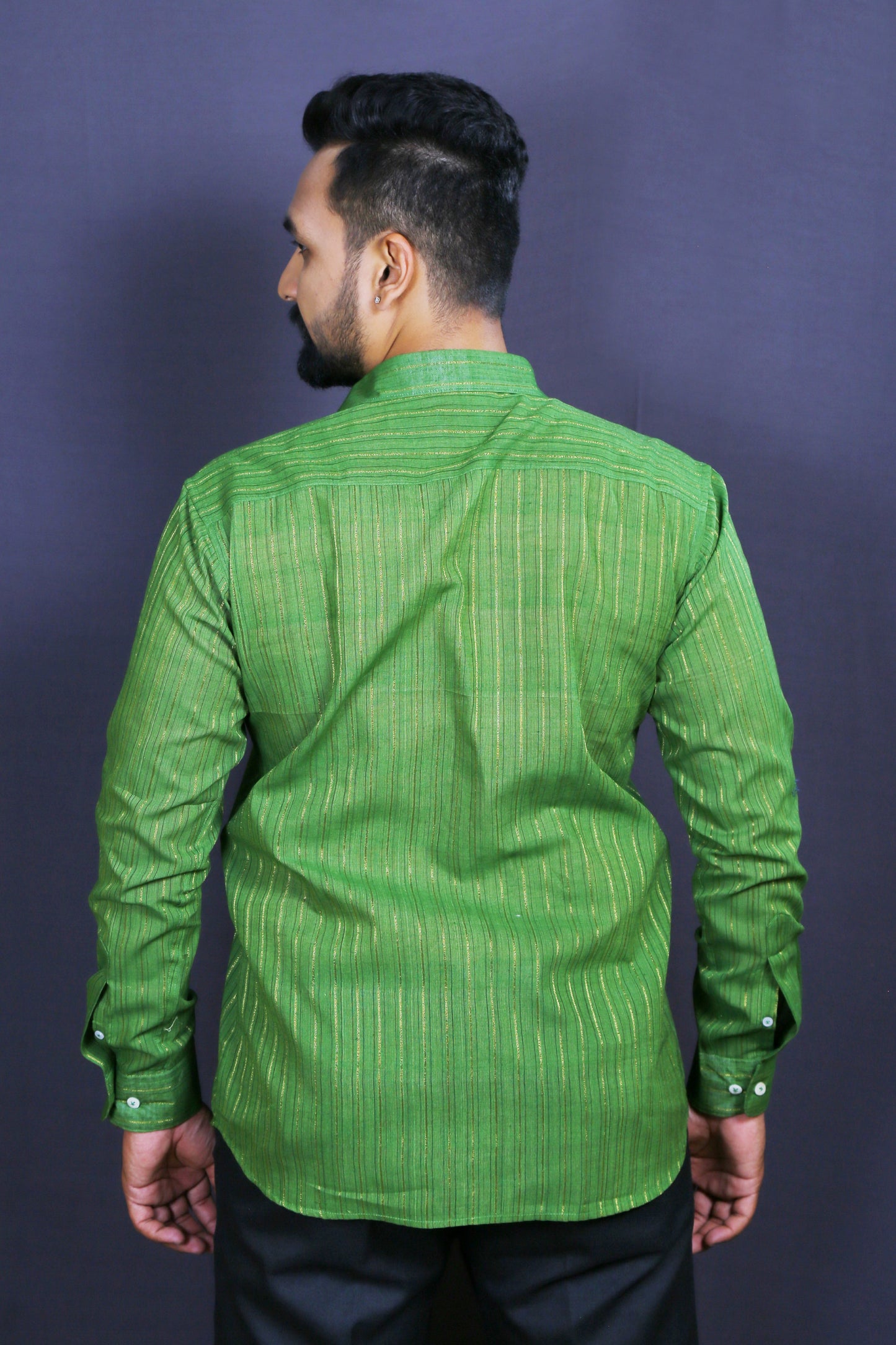 Men Green Handloom Woven Cotton Shirt