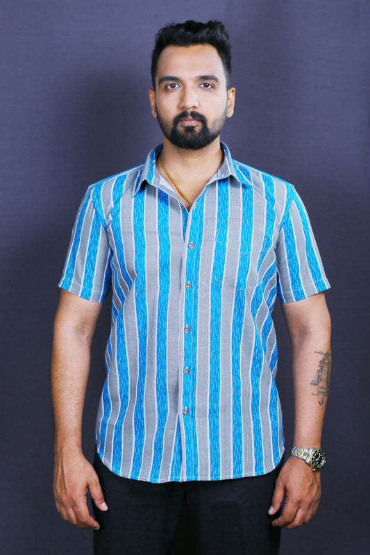 Men Blue Khadi Cotton Half-Shirt