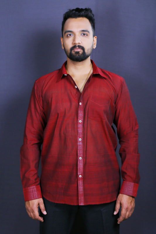 Men Red Handloom Woven Cotton Shirt