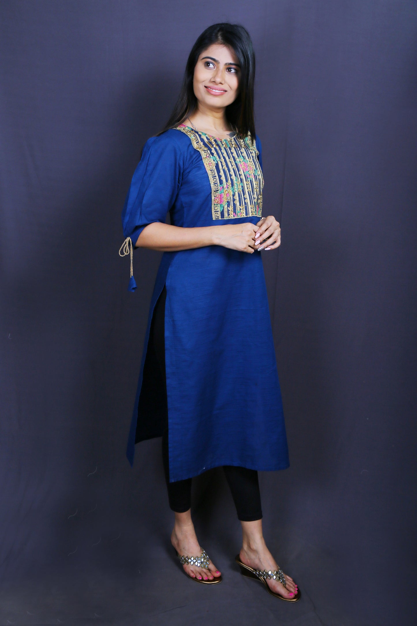 Woman Straight Blue with Embroidered Patch Kurti