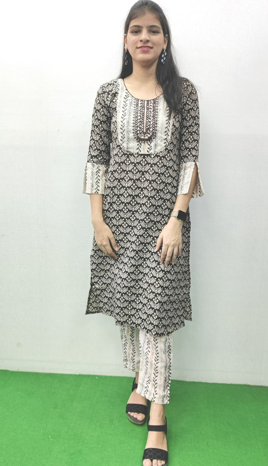 Women Brown and White Ethnic Print Straight Kurta Set with embroidery