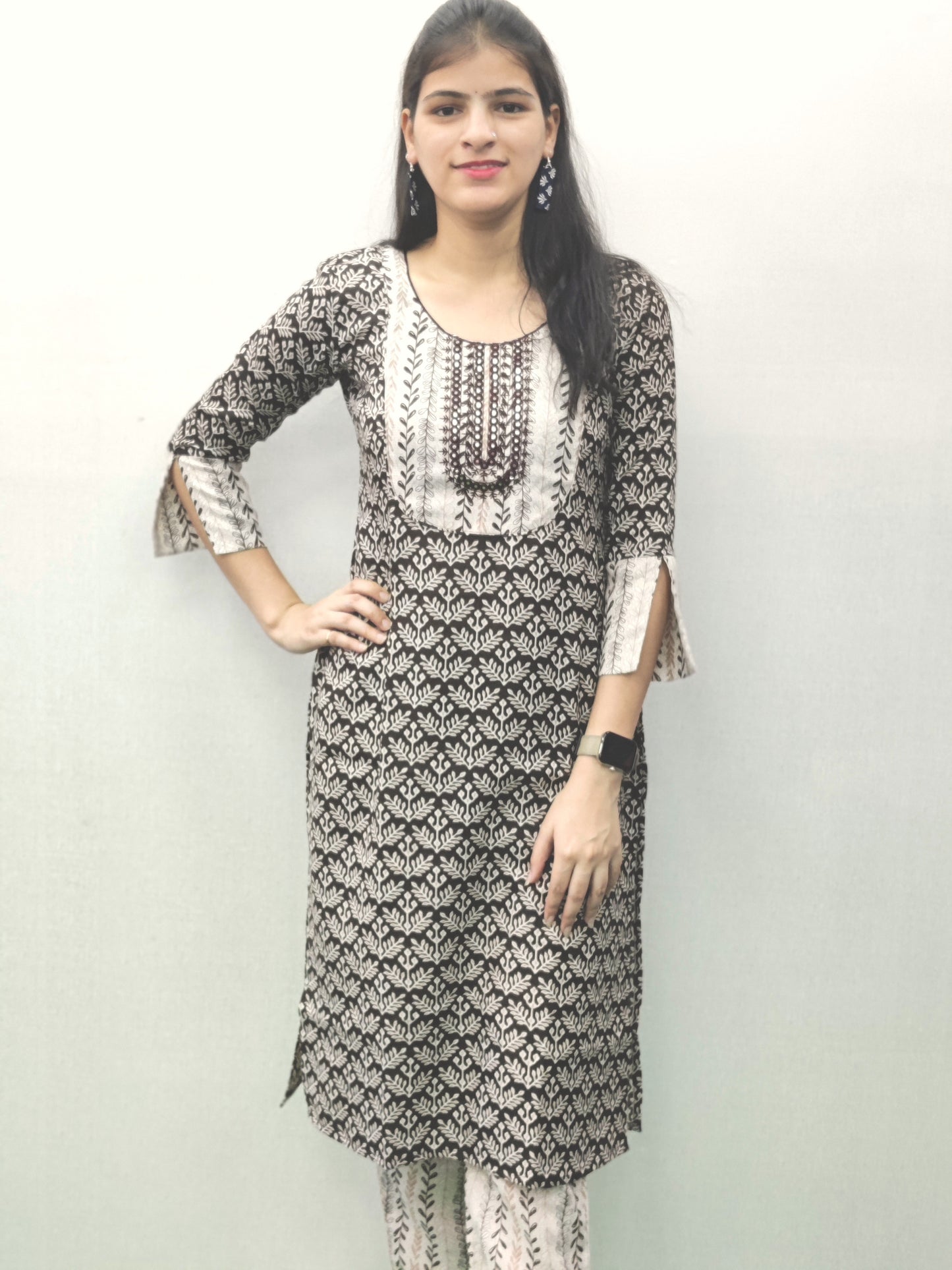 Women Brown and White Ethnic Print Straight Kurta Set with embroidery