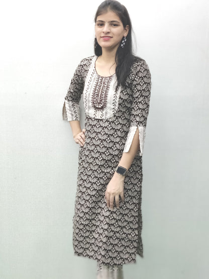 Women Brown and White Ethnic Print Straight Kurta Set with embroidery