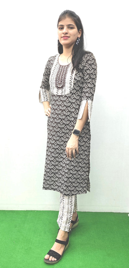 Women Brown and White Ethnic Print Straight Kurta Set with embroidery