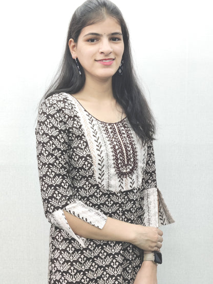Women Brown and White Ethnic Print Straight Kurta Set with embroidery