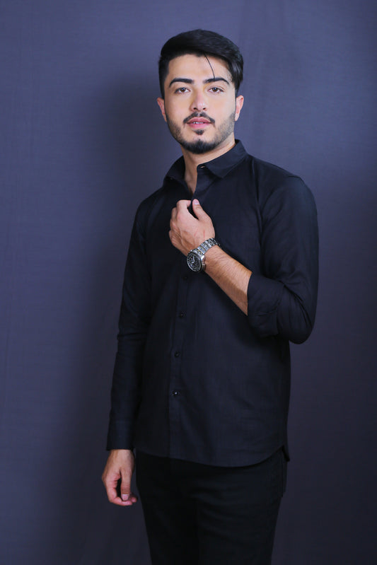 Men Black Cotton Linen Shirt